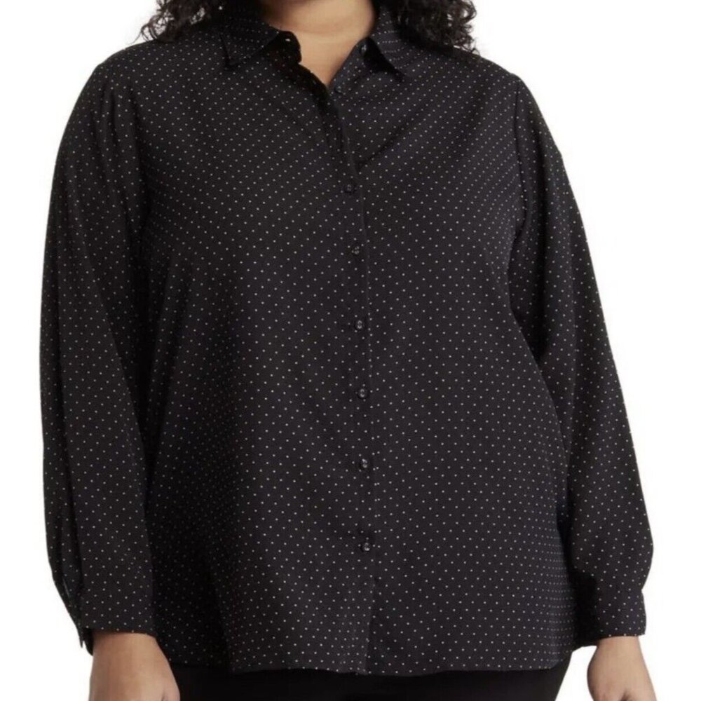 NWT Tahari Shirt Women Plus 2X/2TG Polka Dot Long Sleeve Buttons Black/White